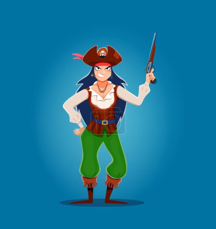 Ilustración de Mujer de dibujos animados pirata capitán o corsario marinero personaje con pistola, personaje vector. Mujer enojada filibustero pirata en sombrero tricorne con huesos cruzados de cráneo y pistola de mosquete pistola de aventura caribeña - Imagen libre de derechos