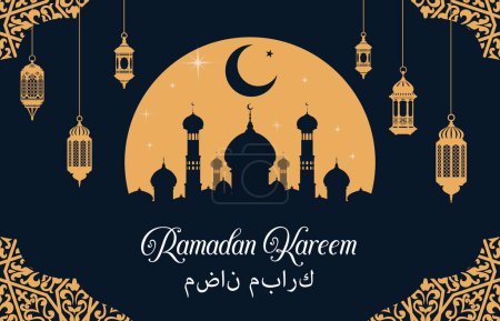 Illustration for Ramadan Kareem and Eid Mubarak Muslim holiday vector banner with mosque and Arabian lanterns. Islam religious holiday greetings in Arabic letters with mosque, crescent moon and stars silhouette - Royalty Free Image
