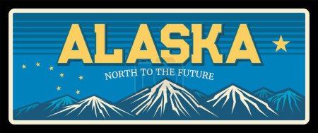 Alaska USA Retro-Reiseteller mit Berggipfeln. USA State Old Road singt, Schild oder Wegweiser. Schneebedeckte Berggipfel, Typografie Nord bis in die Zukunft. Juneau Hauptstadt, Anchorage