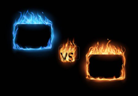 Illustration for VS versus fire and gas frames for fight battle competition, vector background. Boxing game or MMA sport match challenge VS versus banner frames for fight battle, blue and yellow burning fire flames - Royalty Free Image