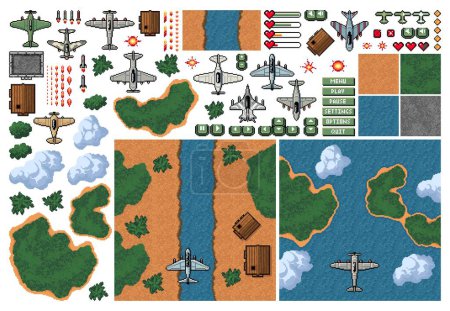 Illustration for 8bit pixel arcade game of fight plane, 2D top view of flight bomber and fighter plane, vector elements. Air flight landscape environment, health and life symbols for air combat game in 8 bit pixels - Royalty Free Image