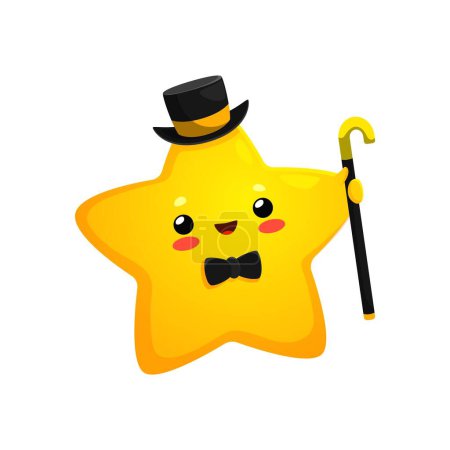 Illustration for Cartoon cute cheerful kawaii star and happy twinkle gentleman character. Isolated vector charming toon personage dons a dapper top hat, bow tie, and cane, radiating sophistication and playfulness - Royalty Free Image