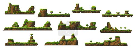 Téléchargez les illustrations : Jeu d'arcade pixel art 8bit, plateformes forêt tropicale et jungle de montagne, vecteur de dessin animé. Arcade éléments de jeu de roches de montagne avec des arbres de la jungle et de la vallée de la forêt tropicale pour interface de carte de niveau jeu - en licence libre de droit