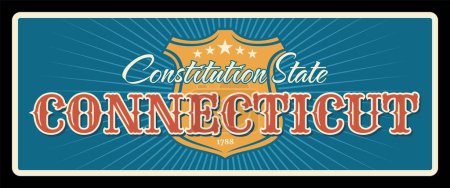 USA Connecticut Zeichen des Vektors Amerikanische Reise- und Tourismusplatte. Verfassungs-Staatssymbol Vintage-Plakette mit heraldischem Schild. Südlichster Bundesstaat der Region Neuengland im Nordosten der Vereinigten Staaten