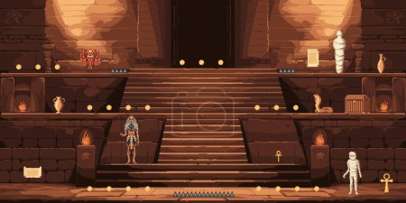 Illustration for Ancient Egypt temple or pyramid 8bit pixel art arcade game level map, vector background. Scarab, mummy and cobra snake, golden coins and manuscripts with pharaoh treasure for 8 bit arcade video game - Royalty Free Image