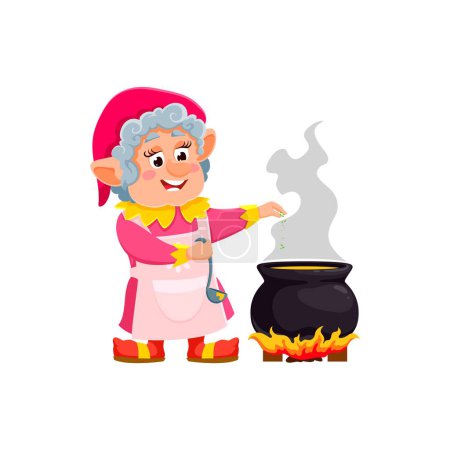 Téléchargez les illustrations : Gnome de bande dessinée ou personnage féminin nain agite joyeusement une concoction magique dans un pot. Vecteur isolé personnage femme imaginative, revêtu d'un chapeau coloré, robe et tablier, cuisine repas enchanteur - en licence libre de droit