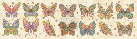 Illustration for Retro groovy butterfly set, cartoon hippie art print, vector vintage decoration. Groovy butterflies with colorful ornament on wings with flower, star and heart pattern, summer hippie or funky moth - Royalty Free Image