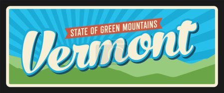 Ilustración de Placa de viaje del estado de Vermont, capital de Montpelier, Burlington. Signo vintage de montañas verdes vectoriales, pancarta de turismo con placa de estado de montaña siempreverde estadounidense, diseño de postal retro - Imagen libre de derechos