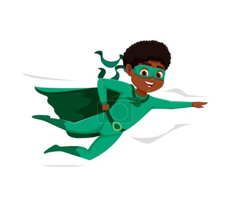 Cartoon-Kind Superhelden-Figur. Isolierter Vektor, schwarzer, lebhafter, fliegender Junge in grünem Superheldenkostüm, verströmt jugendliche Energie mit einem im Wind flatternden Cape, bereit für fantasievolle Abenteuer