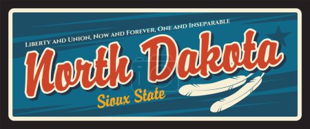 Illustration for North Dakota Sioux state, old travel plate. U.S. state in Upper Midwest, Bismarck, Fargo. United States of America region retro sign, old signboard vintage typography, vector vintage plaque - Royalty Free Image