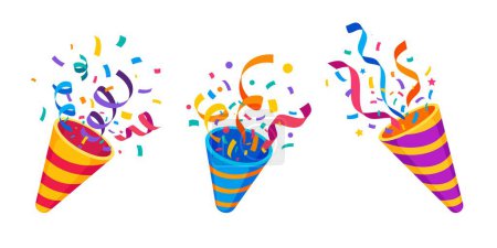 Téléchargez les illustrations : Fête d'anniversaire popper cône pétard avec confettis et rubans, icônes vectorielles de dessin animé. Fêtes, carnaval ou festival et célébration pop cracker ou cône popper party avec rayures et étoiles confettis - en licence libre de droit
