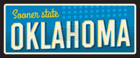 Illustration for Oklahoma US state retro travel plate, old plaque, vintage vector banner. Sign for travel destination. Retro board, postcard, antique signboard with typography, touristic landmark plaque, sooner state - Royalty Free Image