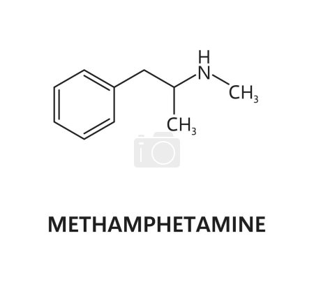 Illustration for Methamphetamine drug molecule and chemical formula, vector structure model. Methamphetamine or meth narcotic substance, synthetic or organic drug stimulant of central nervous system, molecular formula - Royalty Free Image