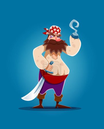 Illustration for Cartoon pirate captain or corsair sailor character with hook hand, vector personage. Angry man pirate filibuster with beard in bandanna with skull crossbones and saber sword for Caribbean adventure - Royalty Free Image