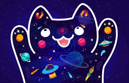 Illustration for Space cat, cute vector celestial feline silhouette adorned with galaxies, stars, and planets, embodying the cosmic essence within its graceful contours, a whimsical fusion of earth and the Universe - Royalty Free Image
