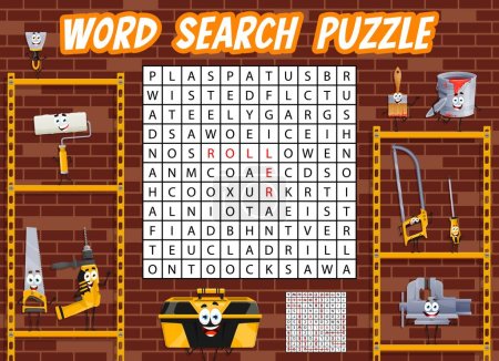 Illustration for Word search puzzle game to find cartoon DIY and repair tool characters, vector quiz worksheet. Guess and find word in cross grid, carpentry screwdriver and woodworking drill with handsaw for kids game - Royalty Free Image