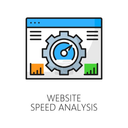 Illustration for Website speed analysis. Web audit icon of internet website page with vector thin line loading speed test report, gear and speedometer. SEO, web site development and digital business optimization - Royalty Free Image