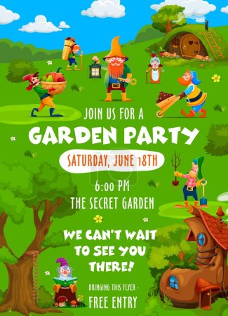 Illustration for Party flyer with cartoon garden gnome and dwarf characters, vector poster. Kids entertainment event for garden or farm harvest party with funny gnome farmers, burrow homes of fairy tale village - Royalty Free Image
