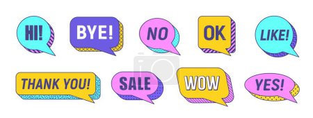 Illustration for Memphis speech bubbles isolated vector set. Vibrant dialog elements or clouds featuring bold colors, thick outlines and dynamic visual typography hi, bye, no, ok and like, thank you, sale, wow and yes - Royalty Free Image