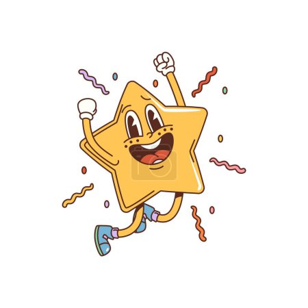 Illustration for Cartoon star groovy character bursts with vibrant hues, radiating joy and energy. Isolated vector retro jubilant twinkle personage leap, exudes infectious enthusiasm, spreading cheer and joyous mood - Royalty Free Image