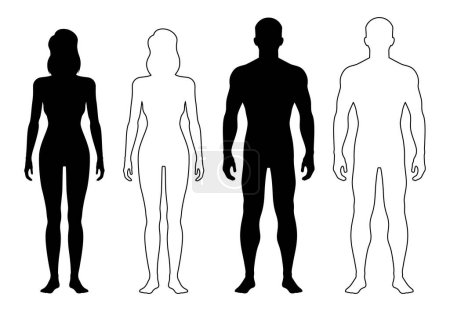 Mann und Frau umreißen Figur, menschliche Körpersilhouette, geduldige Frontansicht-Kontur. Isolierte monochrome männliche und weibliche Vektor-Person in voller Höhe. Ausdrucksstarke Linien bilden eine harmonische Darstellung