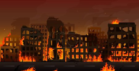Ilustración de Ciudad en llamas, edificios dañados y casas destruidas. La guerra y el terror atacan el apocalipsis paisaje en llamas. vector de dibujos animados abandonado infraestructura urbana rota con humo y llama, destrucción de la bomba - Imagen libre de derechos