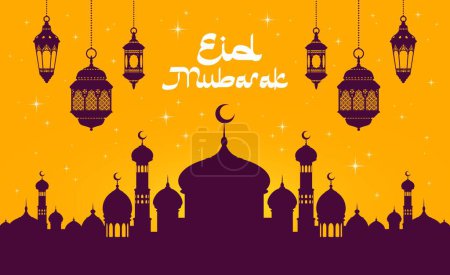 Téléchargez les illustrations : Aïd Moubarak et Ramadan Kareem salutations de vacances, lampes à lanterne arabe avec ville et mosquée musulmane, silhouettes vectorielles. Bannière de fête religieuse islamique avec symboles musulmans traditionnels de l'Aïd Moubarak - en licence libre de droit