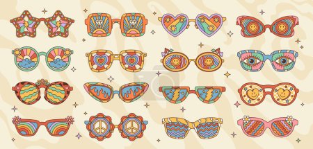 Illustration for Retro outfit groovy funky sunglasses and hippie eyewear sunglasses with rainbows, cartoon vector. Hippie retro art or vintage eyeglasses with groovy hearts and flowers, funky eyes and peace signs - Royalty Free Image
