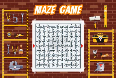 Illustration for Kids labyrinth maze quiz game, help cartoon DIY and repair tools characters to find friends, vector puzzle worksheet. Funny work tools, wrench, brush and carpentry ruler to find way out from labyrinth - Royalty Free Image