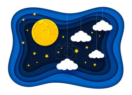Illustration for Paper cut night moon sky with stars clouds background, cartoon vector. Kids bedtime and dream paper cut night with starry sky and clouds hanging on threads in frame for childish nursery design - Royalty Free Image
