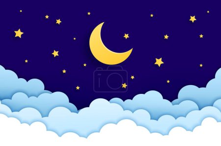 Ilustración de Papel de corte creciente luna noche cielo, estrellas y nubes 3d vector de fondo de fundición de un encanto celestial. Medianoche serena escena cósmica con suave brillo brilla sobre un lienzo de destellos, chispas de cúmulo - Imagen libre de derechos
