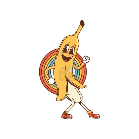Illustration for Cartoon groovy banana character. Isolated vector vibrant, mellow psychedelic fruit personage and a perpetual smile, radiates positive vibes, and dancing to funky beats, spreading joy and laughter - Royalty Free Image