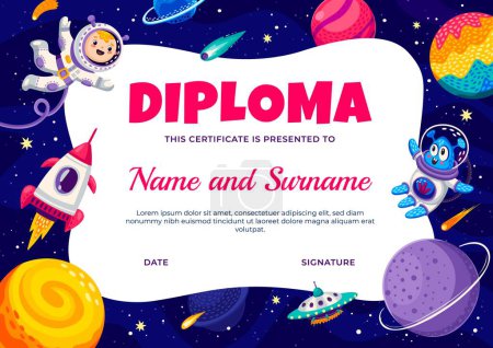 Illustration for Astronaut diploma with kid spaceman, space planets, alien and ufo. Vector school or kindergarten graduation , award or appreciation certificate with cute cartoon child cosmonaut character and rocket - Royalty Free Image