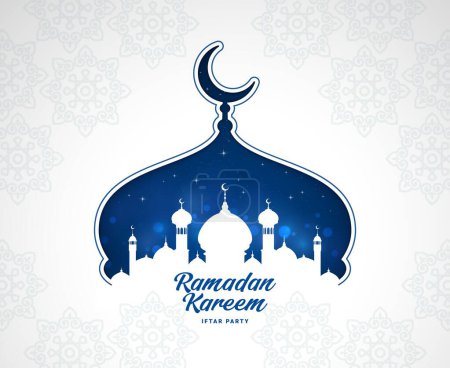 Téléchargez les illustrations : Bannière de fête iftar Ramadan Kareem avec silhouette dôme mosquée musulmane, carte d'invitation vectorielle. Islam fête religieuse iftar jeûne, fond motif arabesque avec croissant de lune et étoile sur la mosquée - en licence libre de droit