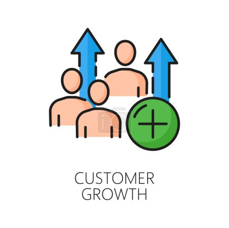 Illustration for Customer growth. CDN. Content delivery network icon, website database upload and update service pictogram, web media file storage and backup server vector sign or icon with people, figure, up arrow - Royalty Free Image