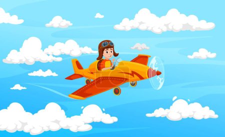 Ilustración de Niño volando en avión o niño piloto en avión en el cielo nublado, fondo vector de dibujos animados. Juegos Piloto de niño volando en avión de hélice en casco de aviador con gafas para niño sueño de aviación o niño juego - Imagen libre de derechos
