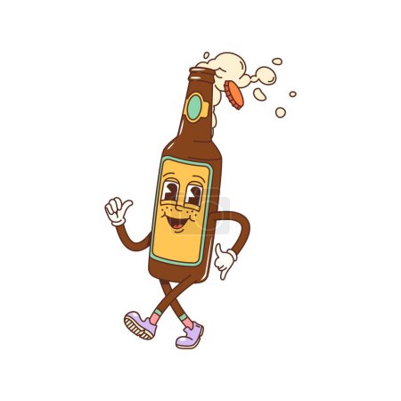 Illustration for Cartoon groovy beer bottle character. Isolated vector lively glass flask with foamy drink and contagious grin, exuding a funky vibe. Funny animated personage radiates joy and a playful carefree spirit - Royalty Free Image