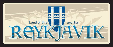 Illustration for Reykjavik capital city of Iceland. Vector travel plate or sticker, vintage tin sign, retro vacation postcard or journey signboard, luggage tag. Iceland souvenir card fire and ice land nickname - Royalty Free Image
