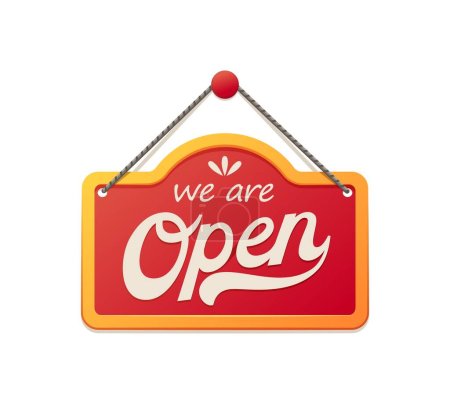 Illustration for Open board sign, shop notice signboard. Isolated vector red hanging banner or display with unobstructed information, it communicates messages, or advertisements in a visible and accessible manner - Royalty Free Image