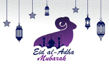 Eid al adha mubarak arabisches Feiertagsbanner. Arabische Laternen, muslimische Moschee und Opferschafe. Vector-Grußkarte, geschmückt mit festlichen Farben, feiert den Geist des Opfers und des Segens