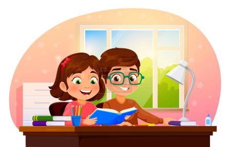 Illustration for Cartoon boy and girl studying a homework. Cheerful children reading a book, sharing smiles while prepare classes at home together. Vector kids learning, radiate cheerful smiles during study session - Royalty Free Image