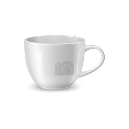 Ilustración de Taza de café de cerámica blanca realista y taza de té, vajilla maqueta. Diseño minimalista aislado del vector 3d de la taza baja, ancha con un mango redondeado cómodo, perfecto para exhibir identidad de marca - Imagen libre de derechos