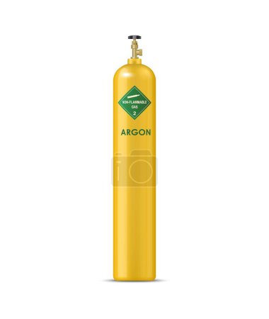 Realistische Argon-Gasflasche, Druckgas-Metallballon. Isolierter Vektor gelb, robuster, unter Druck stehender Behälter mit inertem, nicht brennbarem Inhalt, unverzichtbar für Schweißarbeiten und industrielle Anwendungen