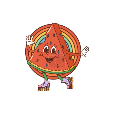 Illustration for Cartoon groovy watermelon character. Isolated vector fruit slice with laid-back attitude, sporting vibrant colors and a perpetual smile, dance and spread joy and chill vibes in funny psychedelic world - Royalty Free Image