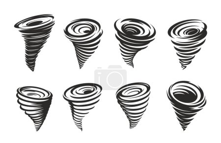 Illustration for Tornado whirlwind or cyclone vortex and hurricane twirl twister with air funnel, vector icon. Tornado storm or hurricane wind swirl and typhoon whirl, cartoon spiral cyclone of smoke dust whirlpool - Royalty Free Image