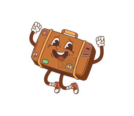 Illustration for Cartoon retro travel suitcase groovy character. Isolated vector luggage personage jump and rejoice. Vintage baggage, adorned with vacation and holiday stickers, and welcoming smile, ready for trip - Royalty Free Image
