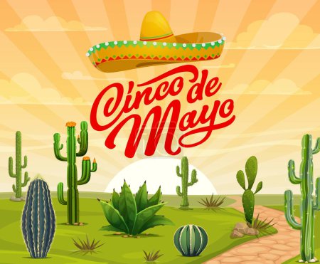 Téléchargez les illustrations : Bannière Cinco de Mayo avec désert mexicain, cactus et sombrero pour les vacances, fond vectoriel. Cinco de Mayo affiche de célébration de fiesta mexicaine avec succulents de cactus et terre désertique du Mexique - en licence libre de droit