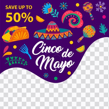 Cinco de Mayo mexikanischen Urlaub Verkauf bieten Banner Vorlage mit Sombrero, tropischen Blumen und Pflanzen. Vector Mexico Fiesta Hut, Maracas und Taco Tex Mex Food Web-Post-Layout mit gewellter Grenze