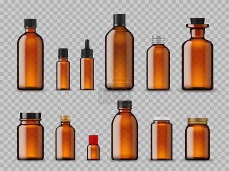 Illustration for Amber bottles, cosmetic oil and pharmaceutical mockups of brown glass, vector jars. Amber bottles or medicine and pharmacy vials with pipette dropper and black rubber cap for essential oil or syrup - Royalty Free Image