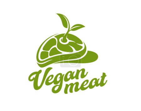 Illustration for Vegan meat icon, vegetable plant steak. Isolated vector stylized silhouetted emblem with green leaf or sprout growing from of meatless beef cut. Organic plant-based cuisine, healthy vegetarian food - Royalty Free Image